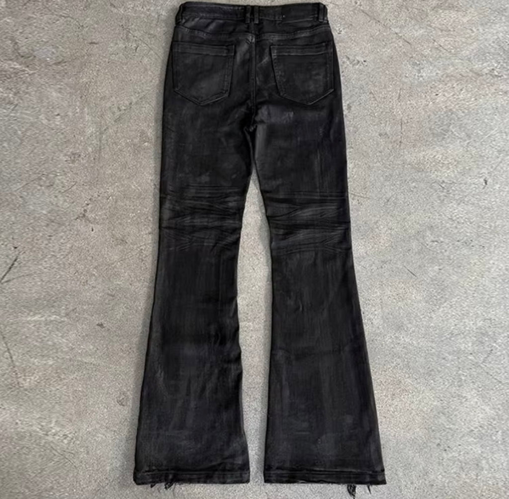 ITAMI WAX DENIM SLIM FLARE — full length back view on concrete
