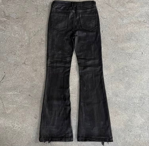ITAMI WAX DENIM SLIM FLARE — full length back view on concrete